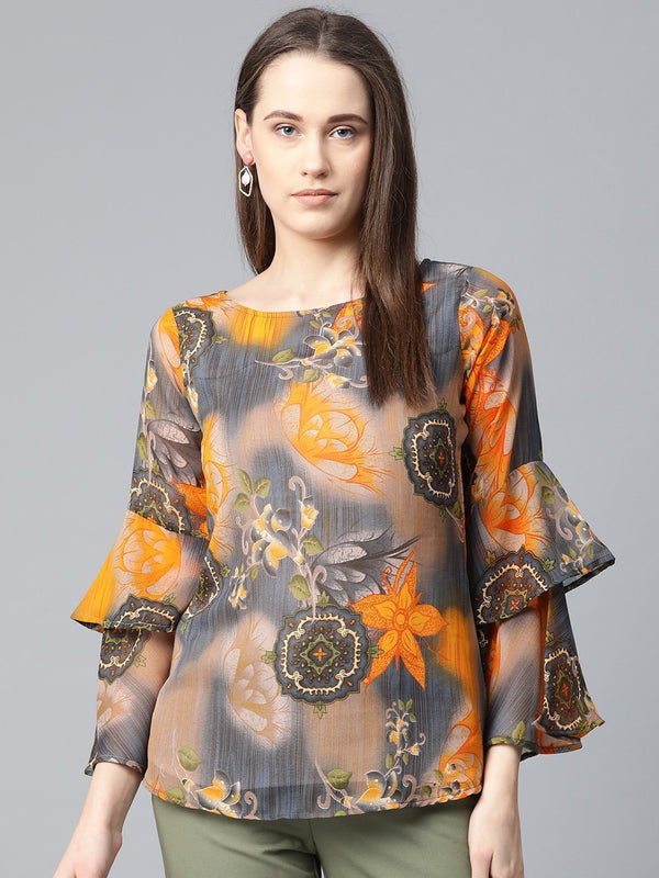 Women's Grey & Mustard Printed Top - Jompers