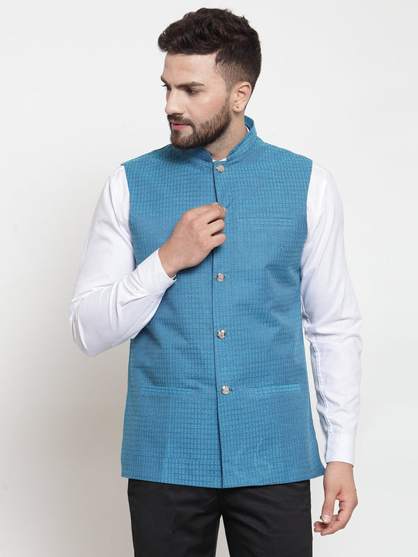 Jashvi Men Turquoise Blue Woven Design Nehru Jacket