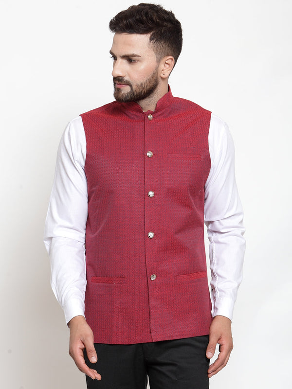 Jashvi Men Maroon Woven Design Nehru Jacket