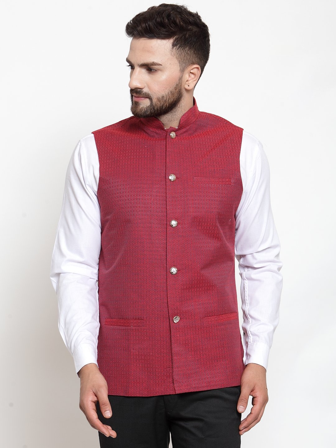 Men's Woven Design Nehru Jacket - Virat Fashions