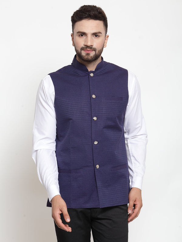 Jashvi Men Navy-Blue Woven Design Nehru Jacket