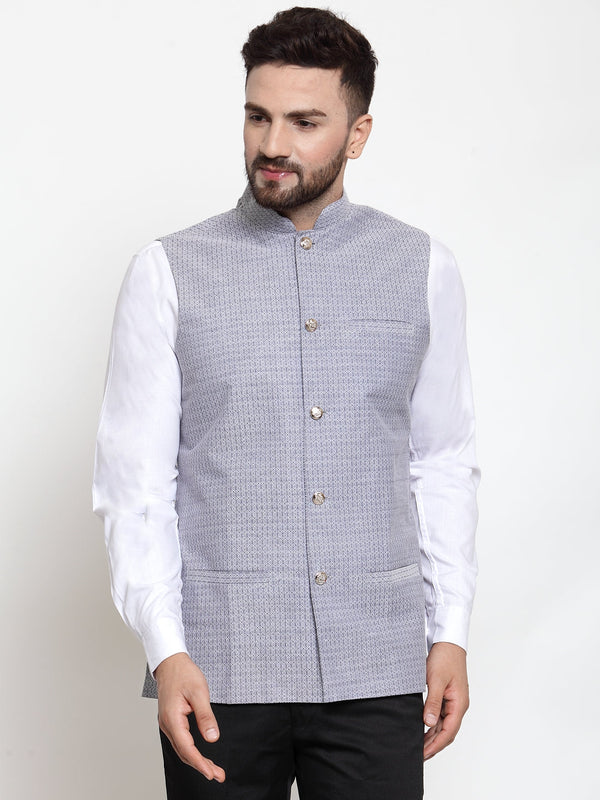 Jashvi Men Steel-Blue Woven Design Nehru Jacket