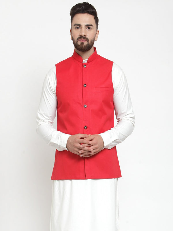 Men's Red Solid Nehru Jacket ( JOWC 4002 Red) - Virat Fashions