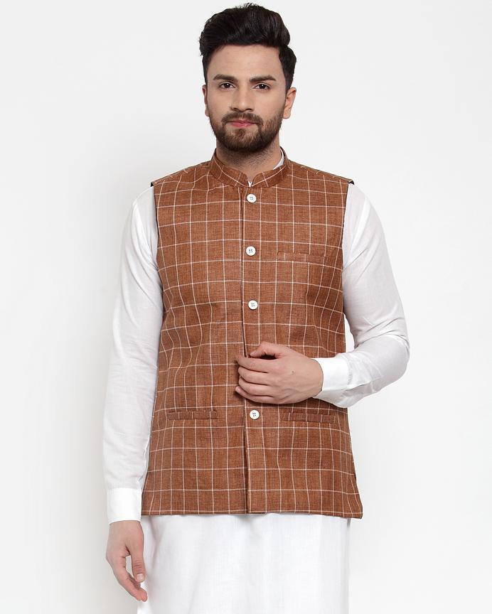 Men Purple Checkered Nehru Jacket by Virat Fashions (1pc)