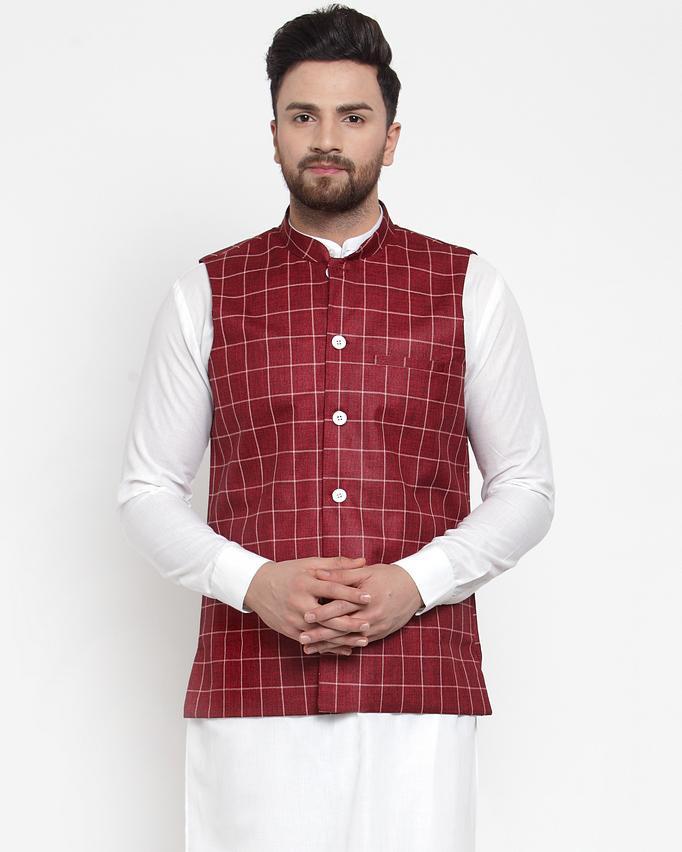 Men Purple Checkered Nehru Jacket by Virat Fashions (1pc)