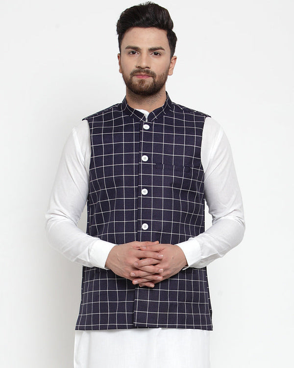 Jashvi Men Navy-Blue Checked Nehru Jacket