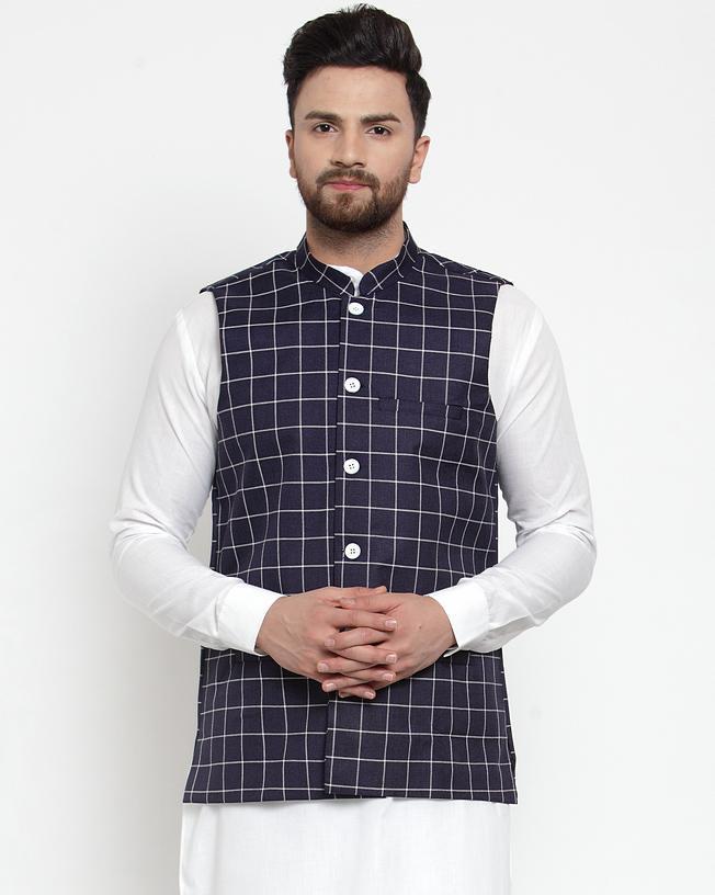 Men Purple Checkered Nehru Jacket by Virat Fashions (1pc)