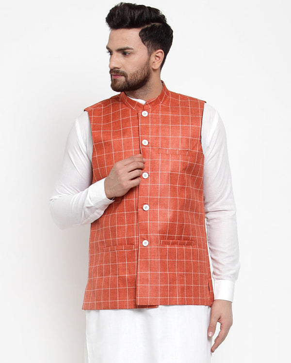 Jashvi Men Peach Checked Nehru Jacket