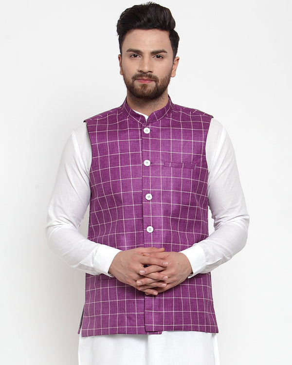 Jashvi Men Purple Checked Nehru Jacket