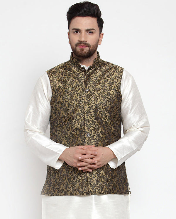 Jashvi Men Gold-Coloured & Black Woven Design Nehru Jacket