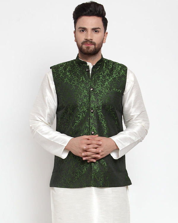 Jashvi Men Green-Coloured & Black Woven Design Nehru Jacket