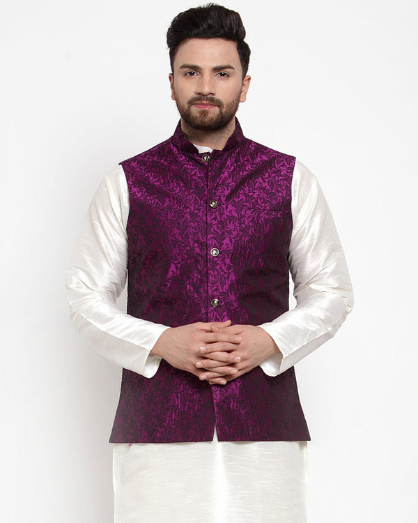 Jashvi Men Purple-Coloured & Black Woven Design Nehru Jacket