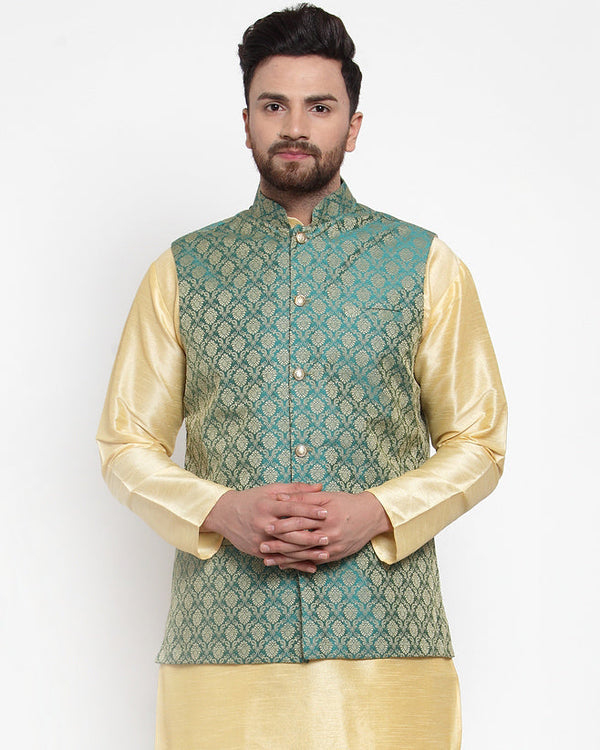 Jashvi Men Green-Coloured & Golden Woven Design Nehru Jacket