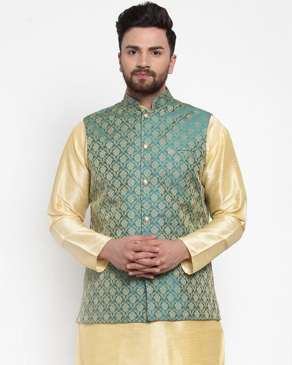 Men's Green-Coloured & Golden Woven Design Nehru Jacket ( JOWC 4005 Green) - Virat Fashions