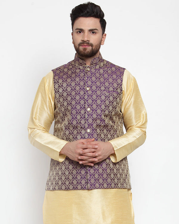 Jashvi Men Purple-Coloured & Golden Woven Design Nehru Jacket