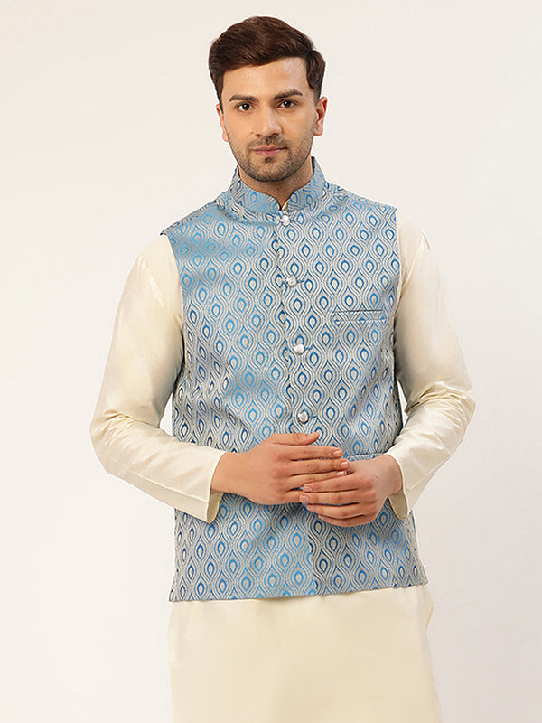 Jashvi Men Sky Blue Woven Design Nehru Jacket