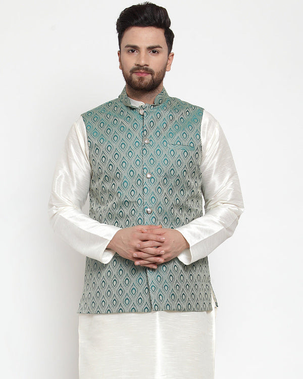 Jashvi Men Green Woven Design Nehru Jacket