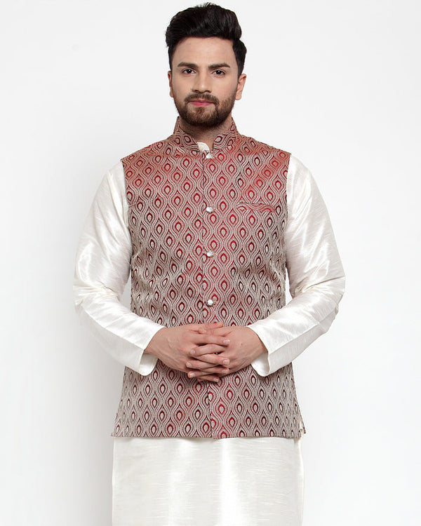 Jashvi Men Maroon Woven Design Nehru Jacket