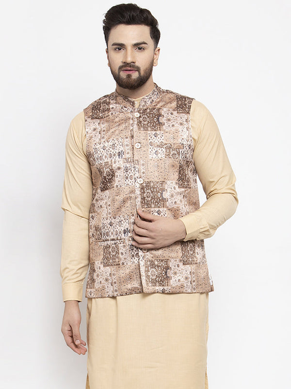 Jashvi Men Beige Printed Satin Nehru Jacket