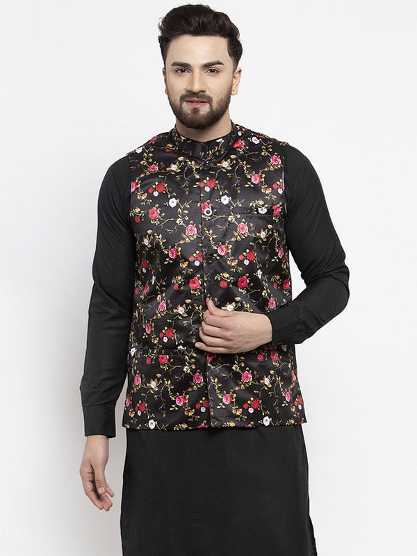 Men's Black Printed Nehru Jacket ( JOWC 4007Black ) - Virat Fashions