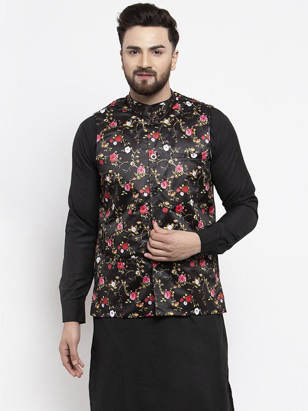 Men's Black Printed Satin Nehru Jacket ( JOWC 4007 Black) - Virat Fashions