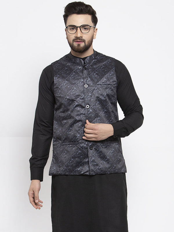 Men's Grey Printed Nehru Jacket ( JOWC 4007Charcoal ) - Virat Fashions