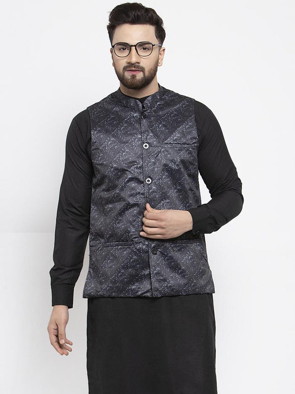 Men's Charcoal Grey Printed Satin Nehru Jacket ( JOWC 4007 Charcoal) - Virat Fashions