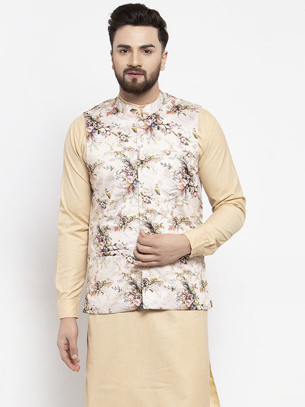 Jashvi Men's Cream Printed Nehru Jacket