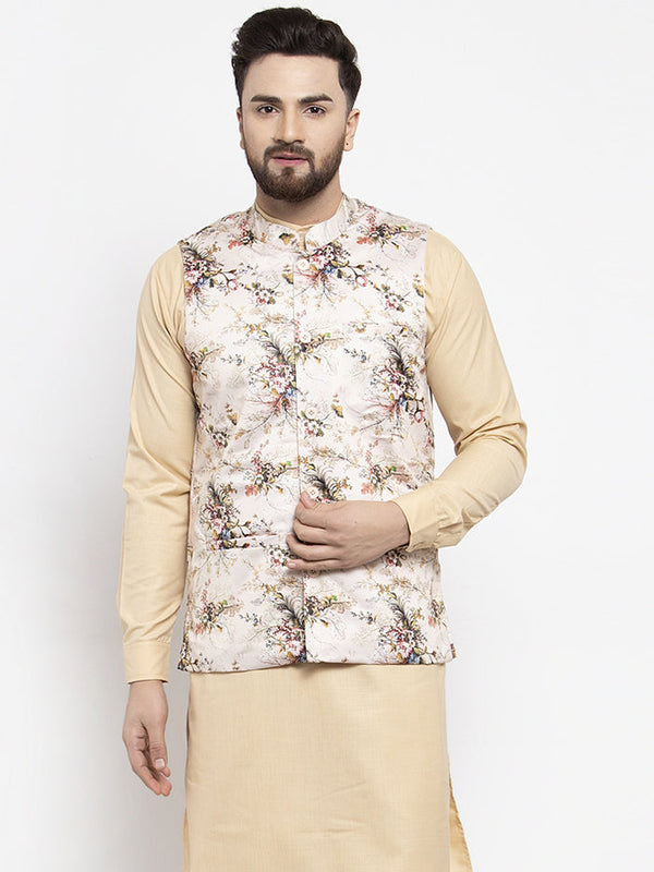 Men's Cream Printed Nehru Jacket ( JOWC 4007Cream ) - Virat Fashions