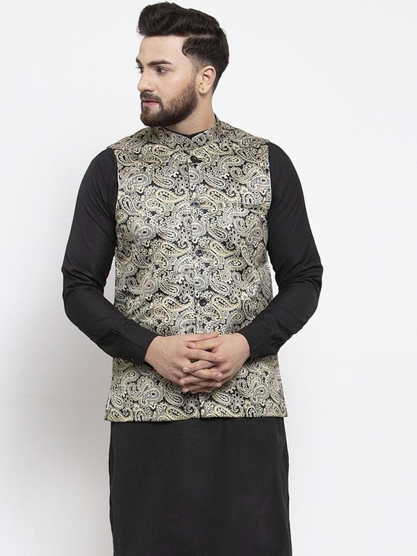 Men's Golden Printed Satin Nehru Jacket ( JOWC 4007 Golden) - Virat Fashions