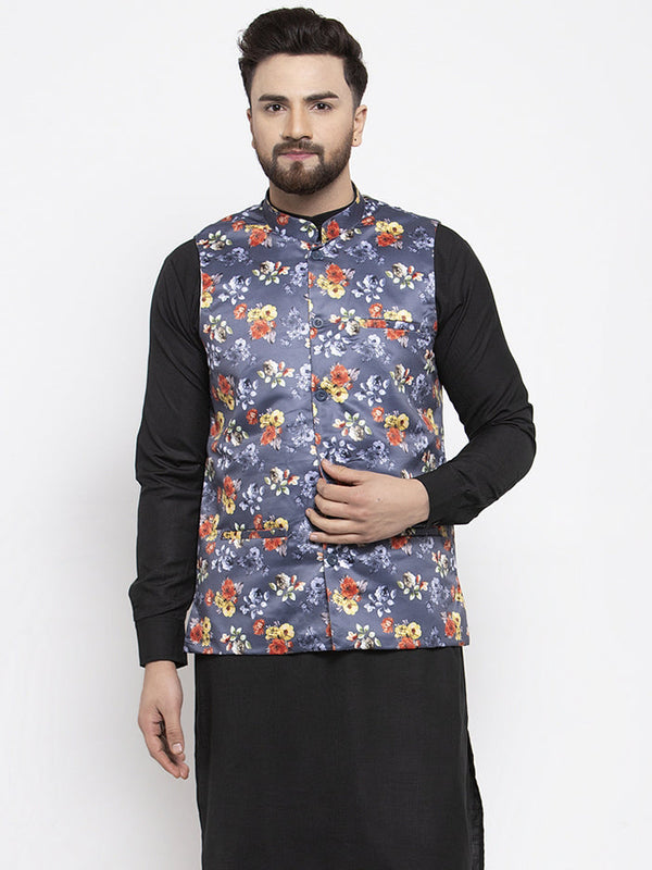 Jashvi Men Grey Printed Satin Nehru Jacket