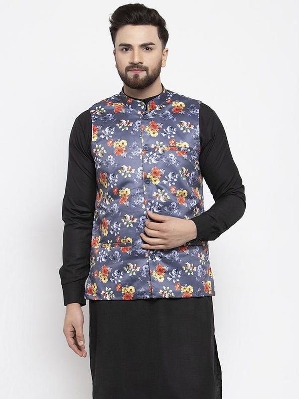 Men's Grey Printed Satin Nehru Jacket ( JOWC 4007 Grey) - Virat Fashions