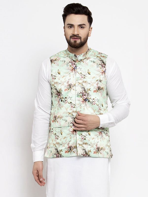 Jashvi Men Lime-Green Printed Satin Nehru Jacket