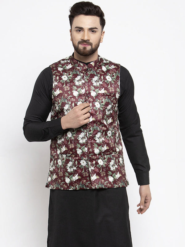 Jashvi Men Maroon Printed Satin Nehru Jacket