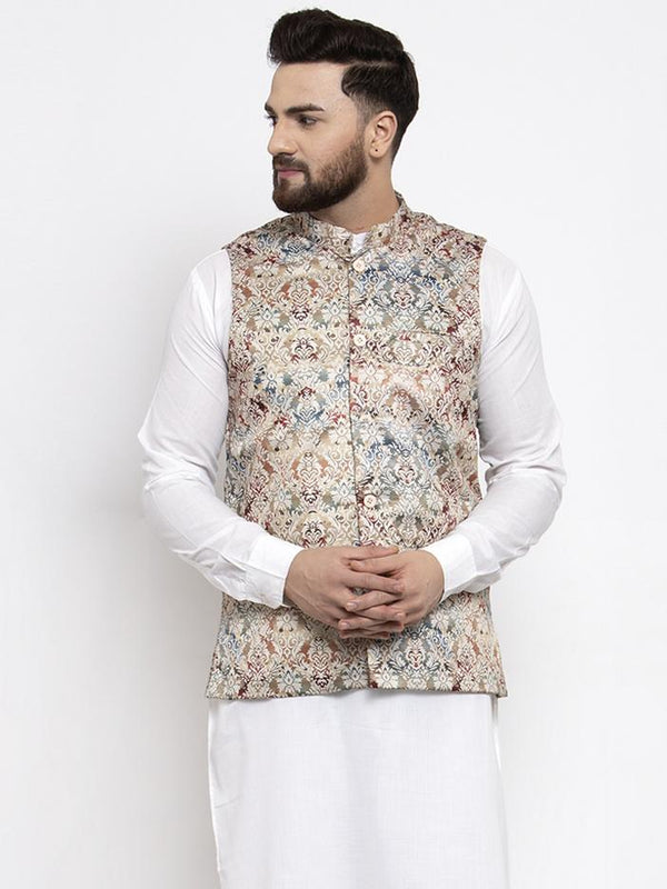 Men's Multicolored Printed Satin Nehru Jacket ( JOWC 4007 Multi) - Virat Fashions