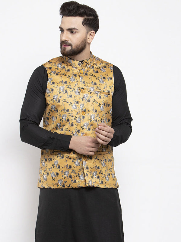 Jashvi Men Mustard Printed Satin Nehru Jacket