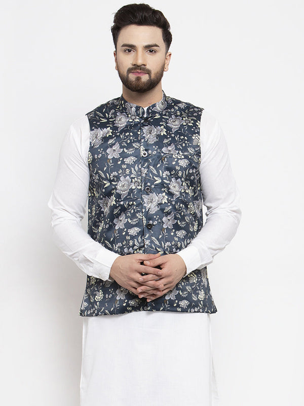 Jashvi Men Navy-Blue Printed Satin Nehru Jacket