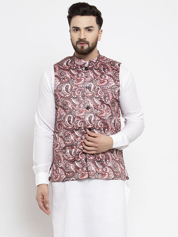 Jashvi Men Pink Printed Satin Nehru Jacket