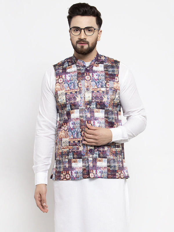 Jashvi Men Purple Printed Satin Nehru Jacket