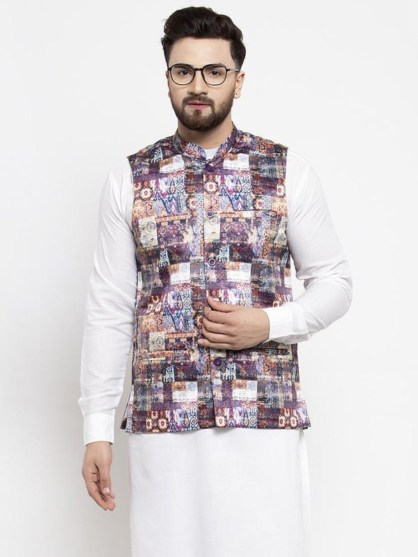 Men's Purple Printed Satin Nehru Jacket ( JOWC 4007 Purple) - Virat Fashions