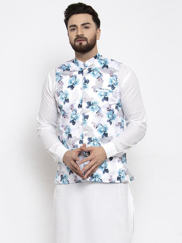 Men's Silver Printed Satin Nehru Jacket ( JOWC 4007 Silver) - Virat Fashions