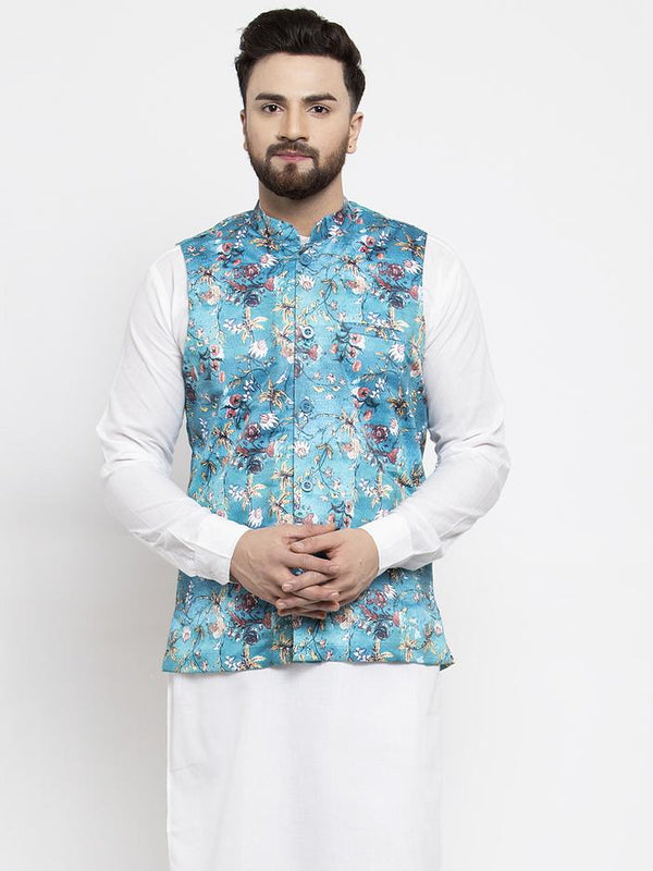 Men's Sky-Blue Printed Satin Nehru Jacket ( JOWC 4007 Sky) - Virat Fashions