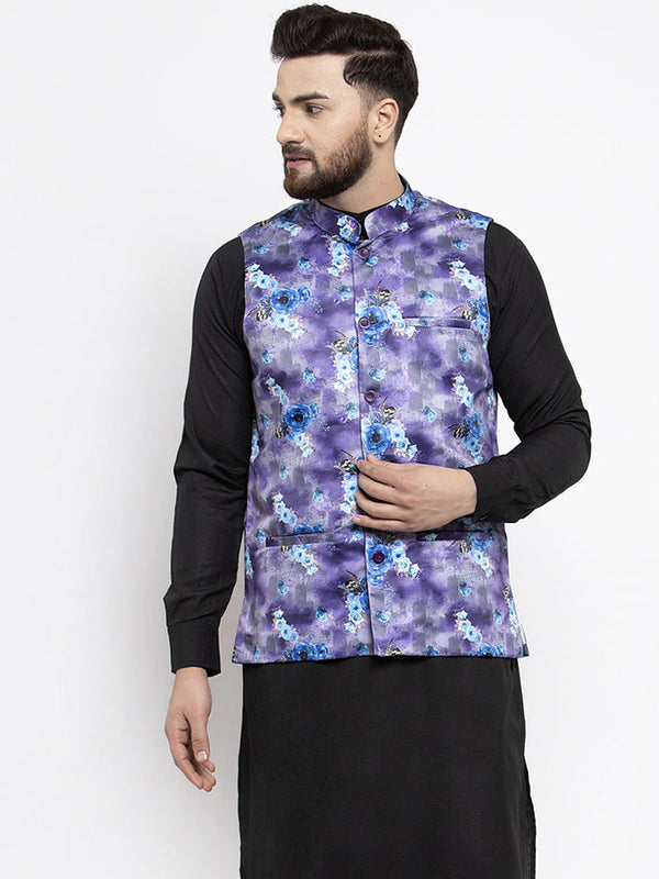 Jashvi Men Violet Printed Satin Nehru Jacket