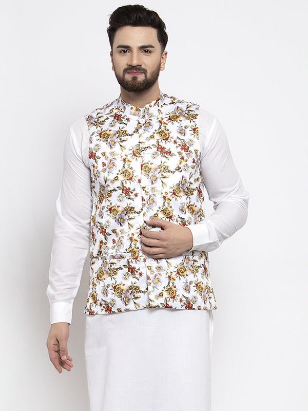 Jashvi Men White Printed Satin Nehru Jacket