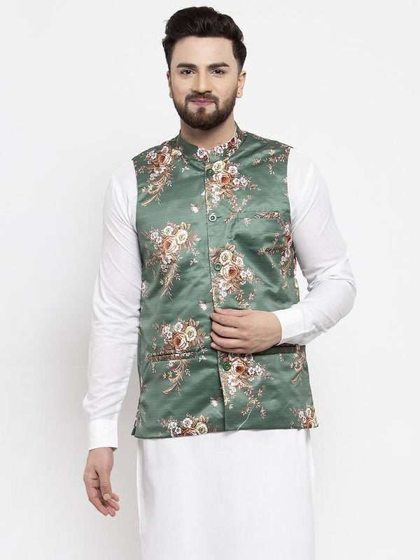 Men's Green & Brown Printed Satin Nehru Jacket ( JOWC 4007 Green) - Virat Fashions