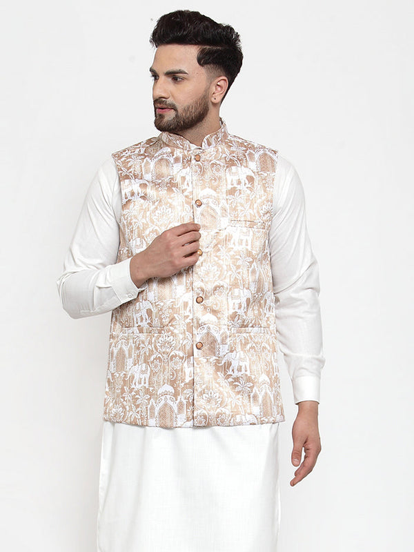 Jashvi Men Beige Printed Satin Nehru Jacket