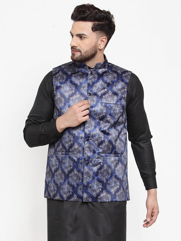 Jashvi Men Navy-Blue Printed Satin Nehru Jacket