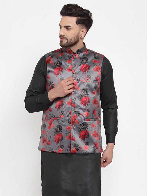 Jashvi Men Grey Printed Satin Nehru Jacket