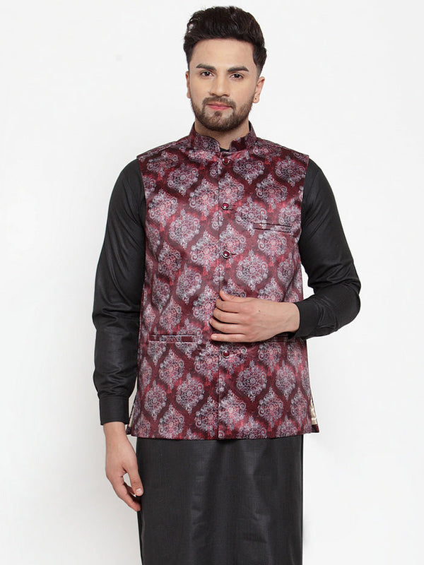 Jashvi Men Maroon Printed Satin Nehru Jacket