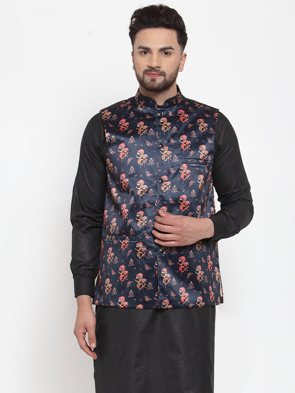 Jashvi Men Navy-Blue Printed Satin Nehru Jacket